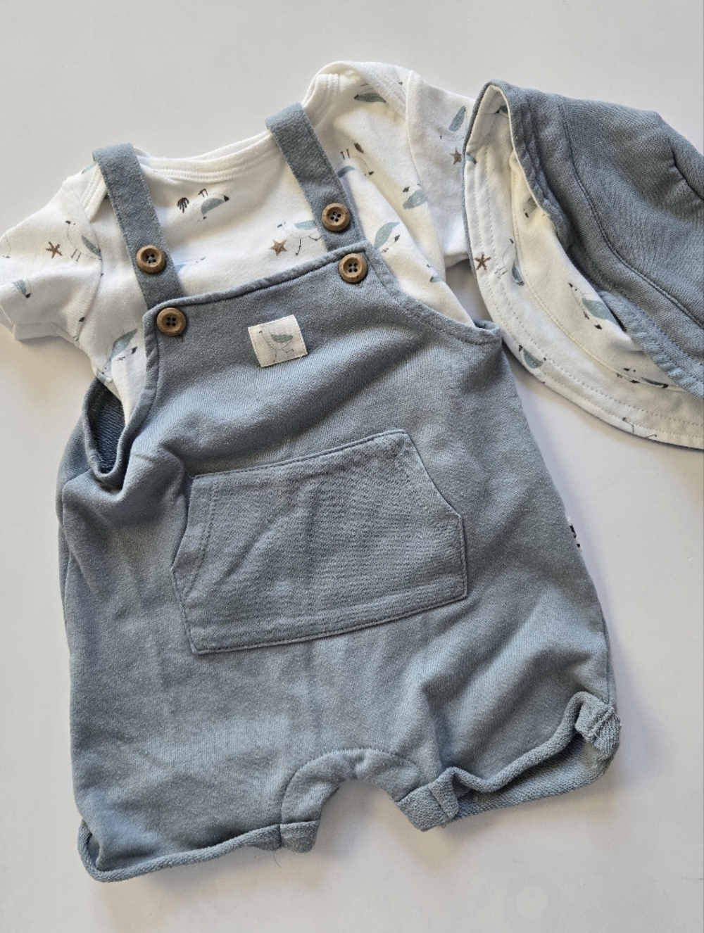 Rabbit Bear Baby Blue Knit Overalls with Matching Seagull Tee And Bucket Hat 18m